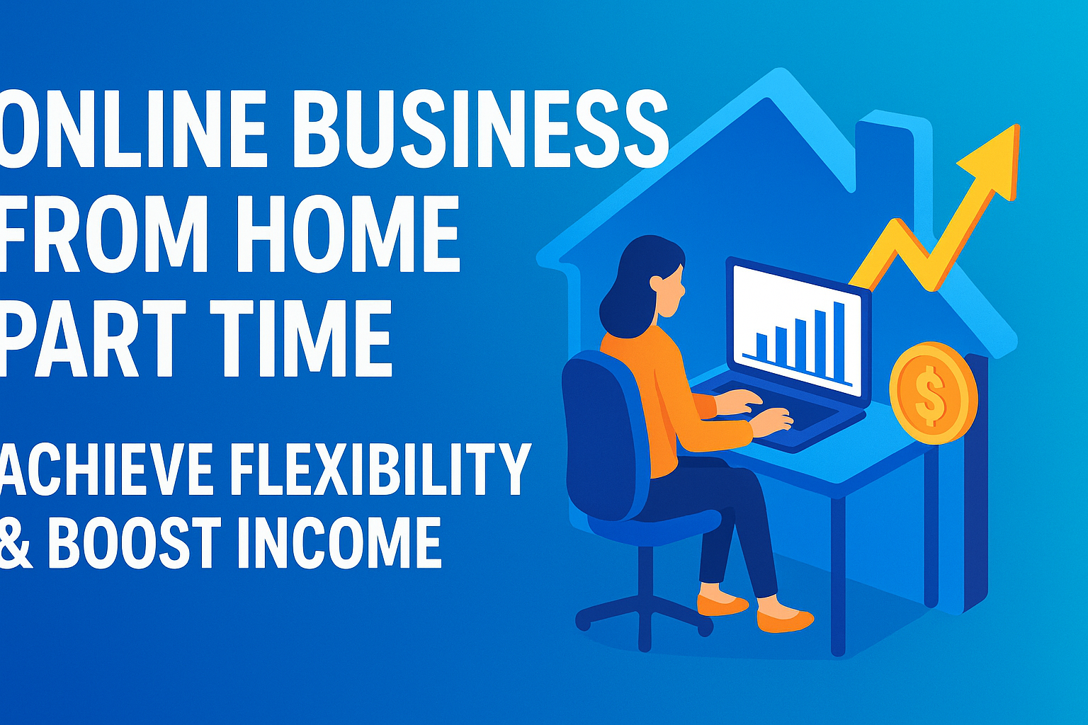 "Illustration of a person working on a laptop at home, with graphs and a dollar sign, promoting online part-time business opportunities for flexibility and increased income."