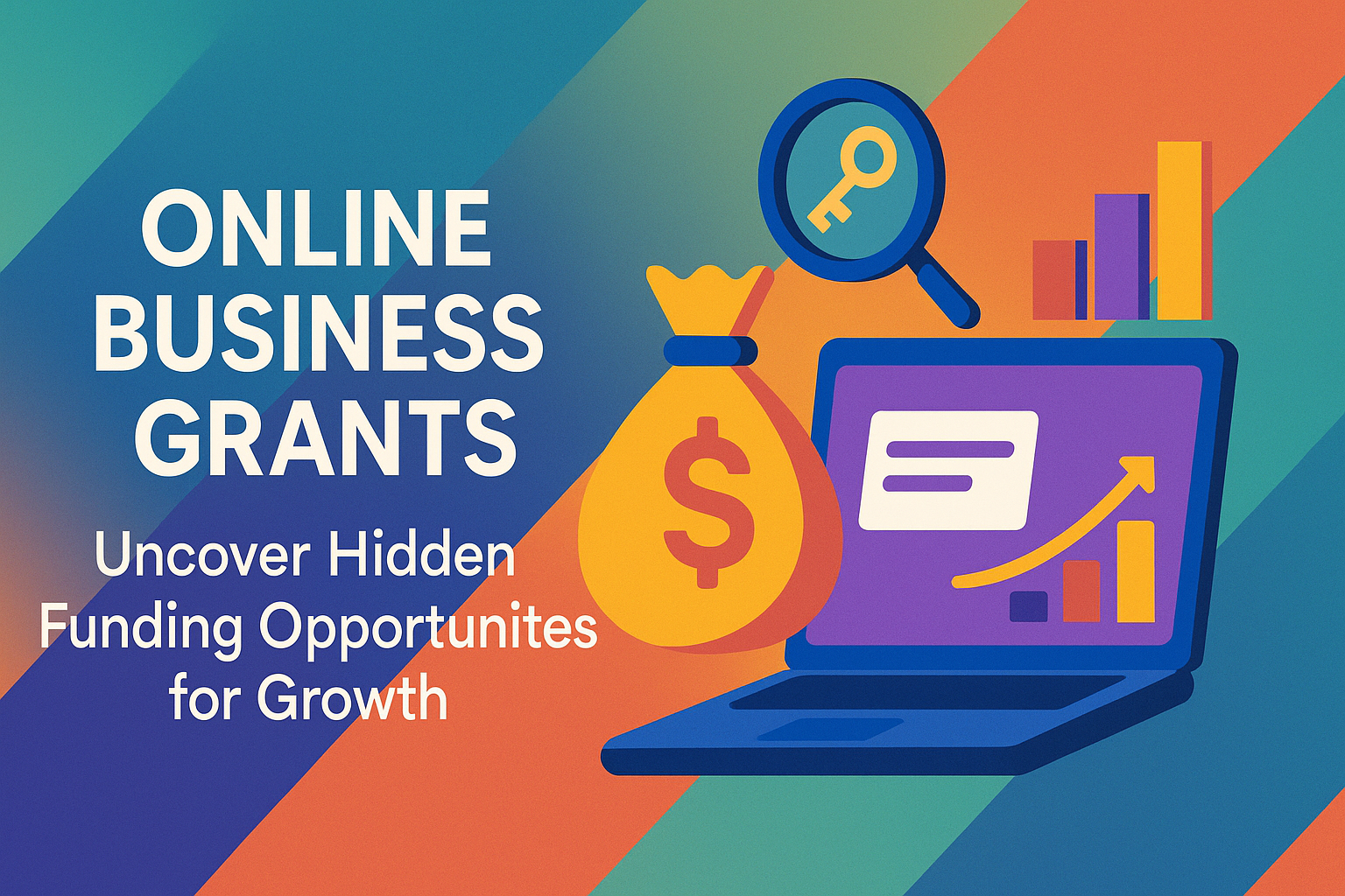 "Graphic promoting online business grants, featuring a laptop, money bag, and key, emphasizing hidden funding opportunities for business growth."