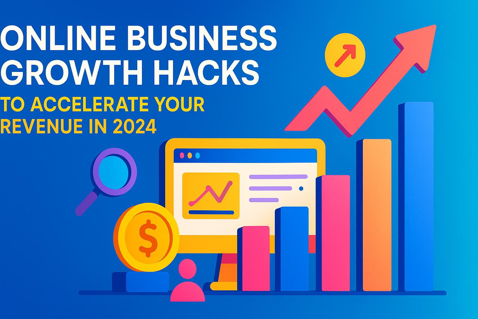 "Colorful graphic illustrating online business growth hacks, featuring a computer screen with charts, a magnifying glass, and graphical representations of revenue growth, designed to boost revenue in 2024."