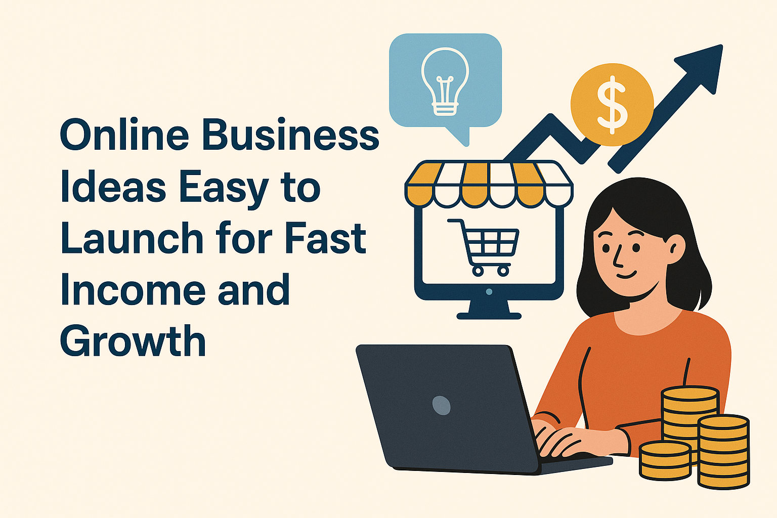 Alt text: "Illustration of a woman working on a laptop with online business icons, highlighting easy-to-launch business ideas for quick income and growth."