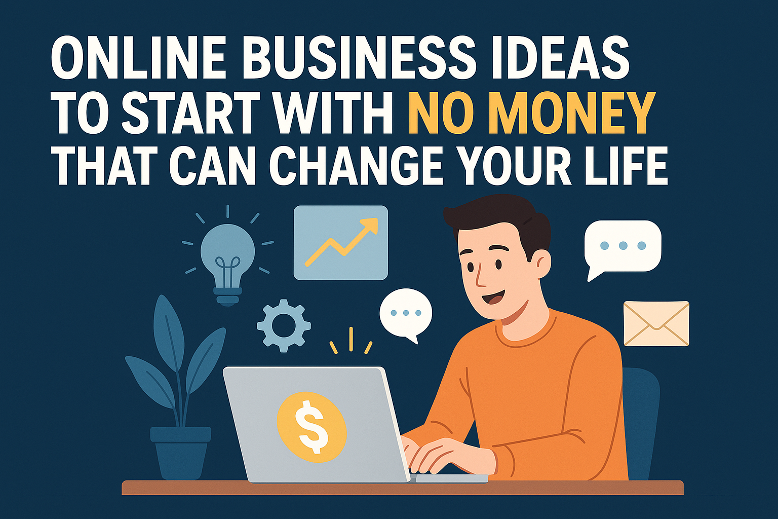 "Illustration of a man working on a laptop with icons representing online business concepts, featuring the text 'Online Business Ideas to Start with No Money That Can Change Your Life'."
