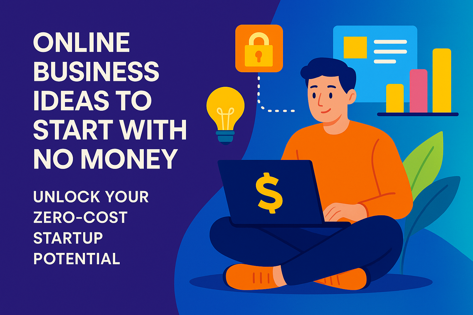 "Colorful graphic depicting a person working on a laptop, exploring online business ideas to start with no money, with icons representing security, ideas, and data analysis."