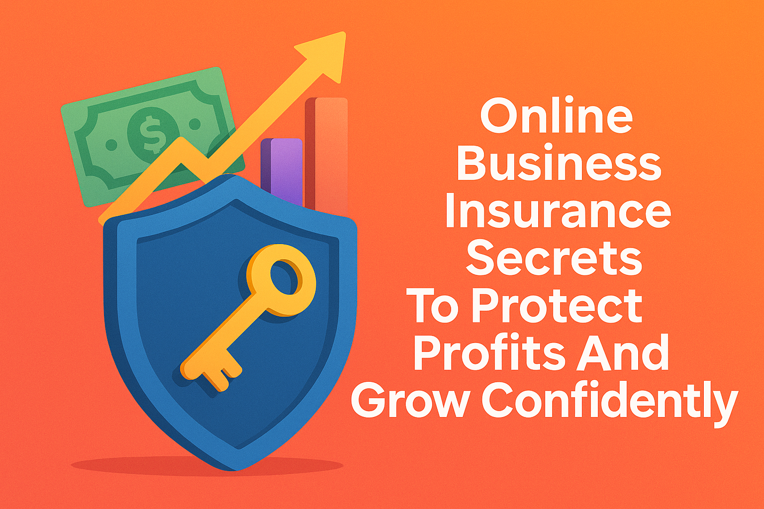 Graphic promoting online business insurance secrets, featuring icons of a dollar bill, a key, and a shield with rising graphs, aimed at guiding businesses to protect profits and grow confidently.