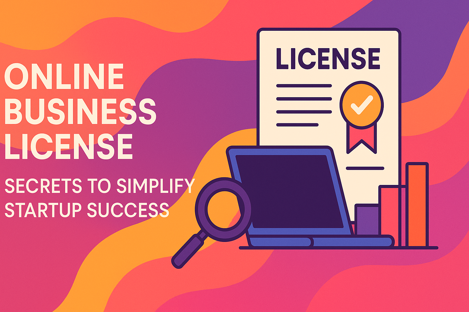 "Colorful illustration of an online business license with a laptop and magnifying glass, highlighting secrets to simplify startup success."