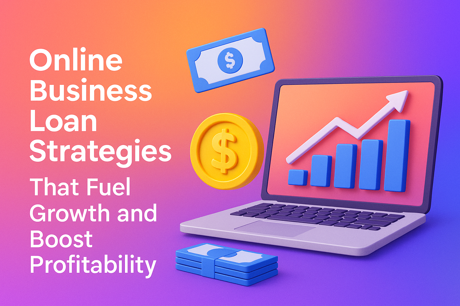 "3D illustration of online business loan strategies featuring a laptop with a growth chart, money bills, and coins, symbolizing financial growth and profitability."