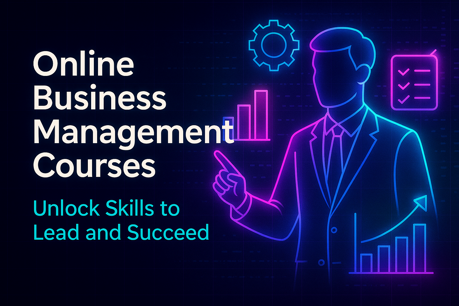 "Illustration of a business professional symbolizing online business management courses, with elements like graphs and gears, highlighting the theme of skill development for leadership and success."
