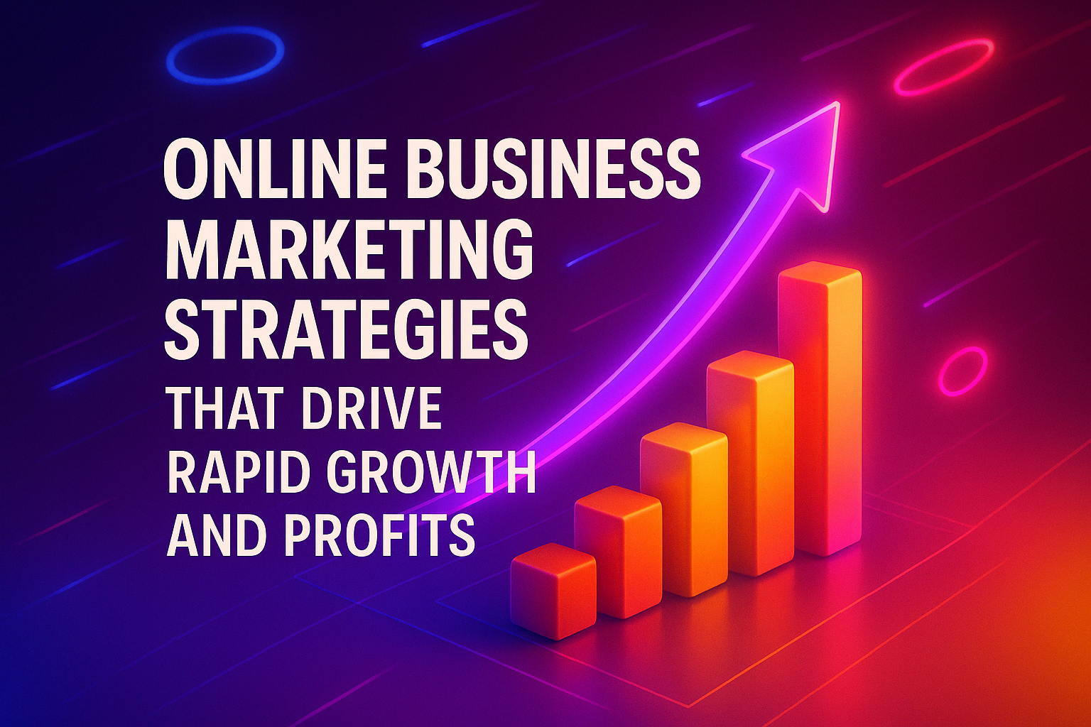 "Image featuring a visually striking graphic with vibrant colors representing online business marketing strategies, showcasing a bar graph with an upward trend, highlighting the concept of driving rapid growth and profits."