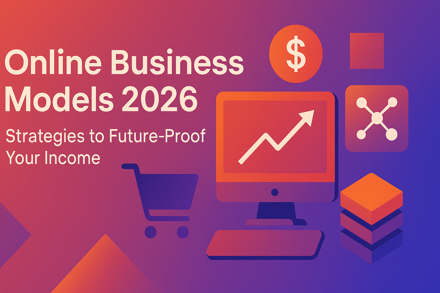 **Alt text:** A vibrant graphic featuring the text "Online Business Models 2026" alongside icons representing e-commerce, growth strategies, and digital income generation, emphasizing future-proofing business income.