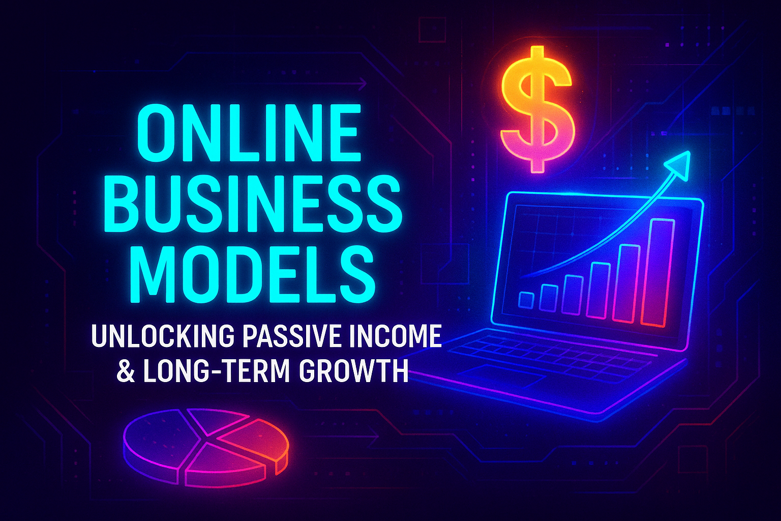 "Colorful graphic illustrating online business models, featuring a laptop with a growth chart and a dollar sign, emphasizing passive income and long-term growth strategies."