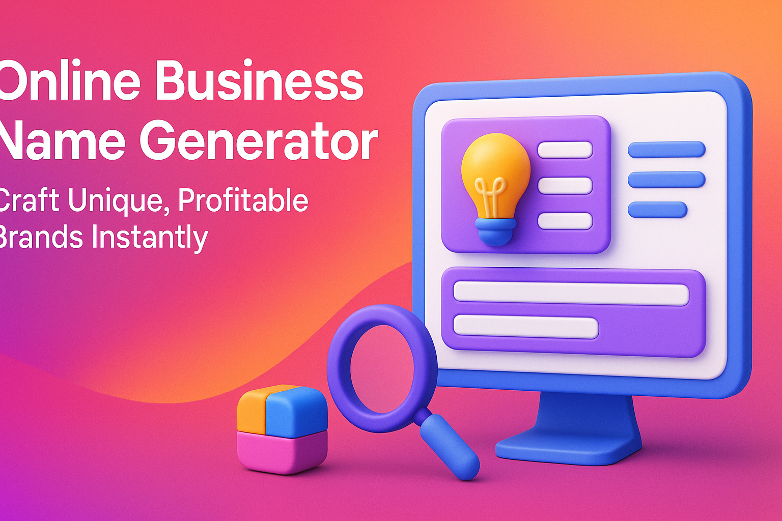 "Colorful graphic of an online business name generator interface on a computer screen, featuring a light bulb icon and a magnifying glass, conveying the concept of creating unique and profitable brands instantly."