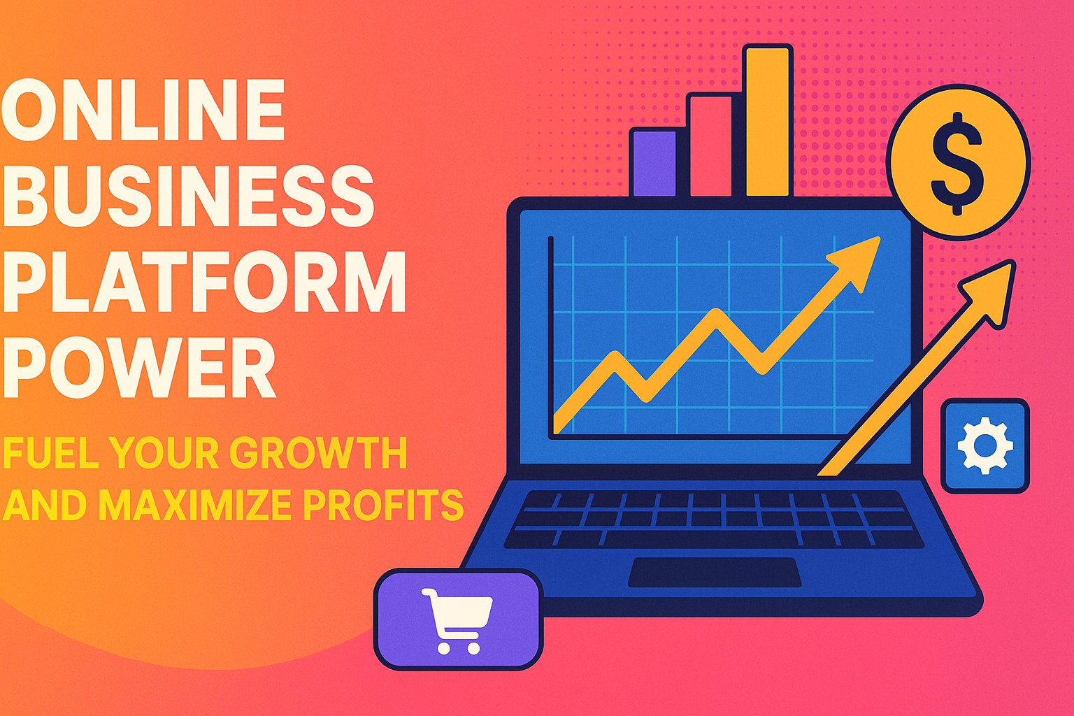 "Colorful graphic illustrating the power of online business platforms, featuring a laptop displaying a growth chart, shopping cart, and profit-focused elements, alongside the text 'Fuel Your Growth and Maximize Profits'."