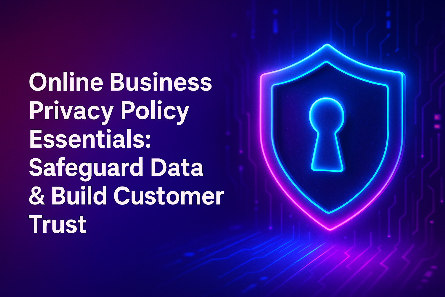 "Neon shield with keyhole icon on a digital background, emphasizing the importance of online business privacy policies to safeguard data and build customer trust."