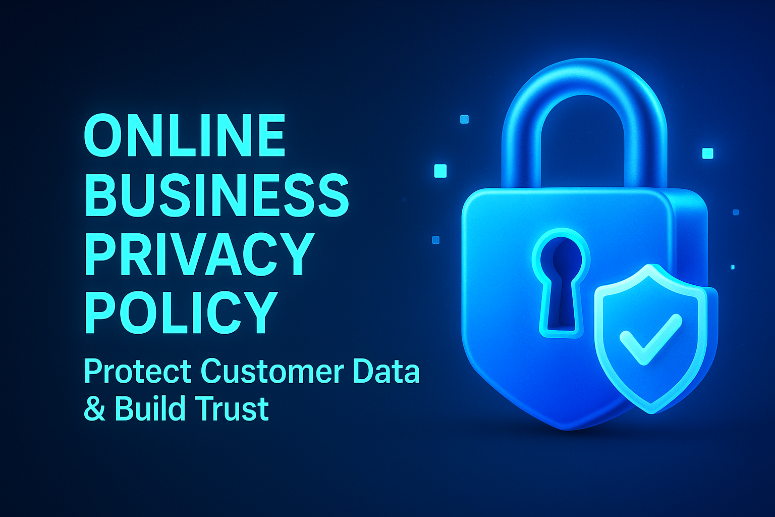 Alt text: "Graphic representing an online business privacy policy with a blue padlock and shield, emphasizing customer data protection and trust."