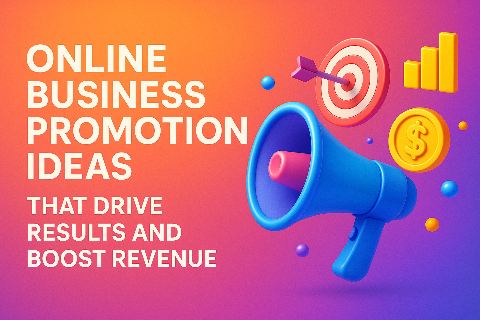 Colorful graphic featuring a megaphone and promotional icons with text "Online Business Promotion Ideas That Drive Results and Boost Revenue." Ideal for online marketing inspiration.