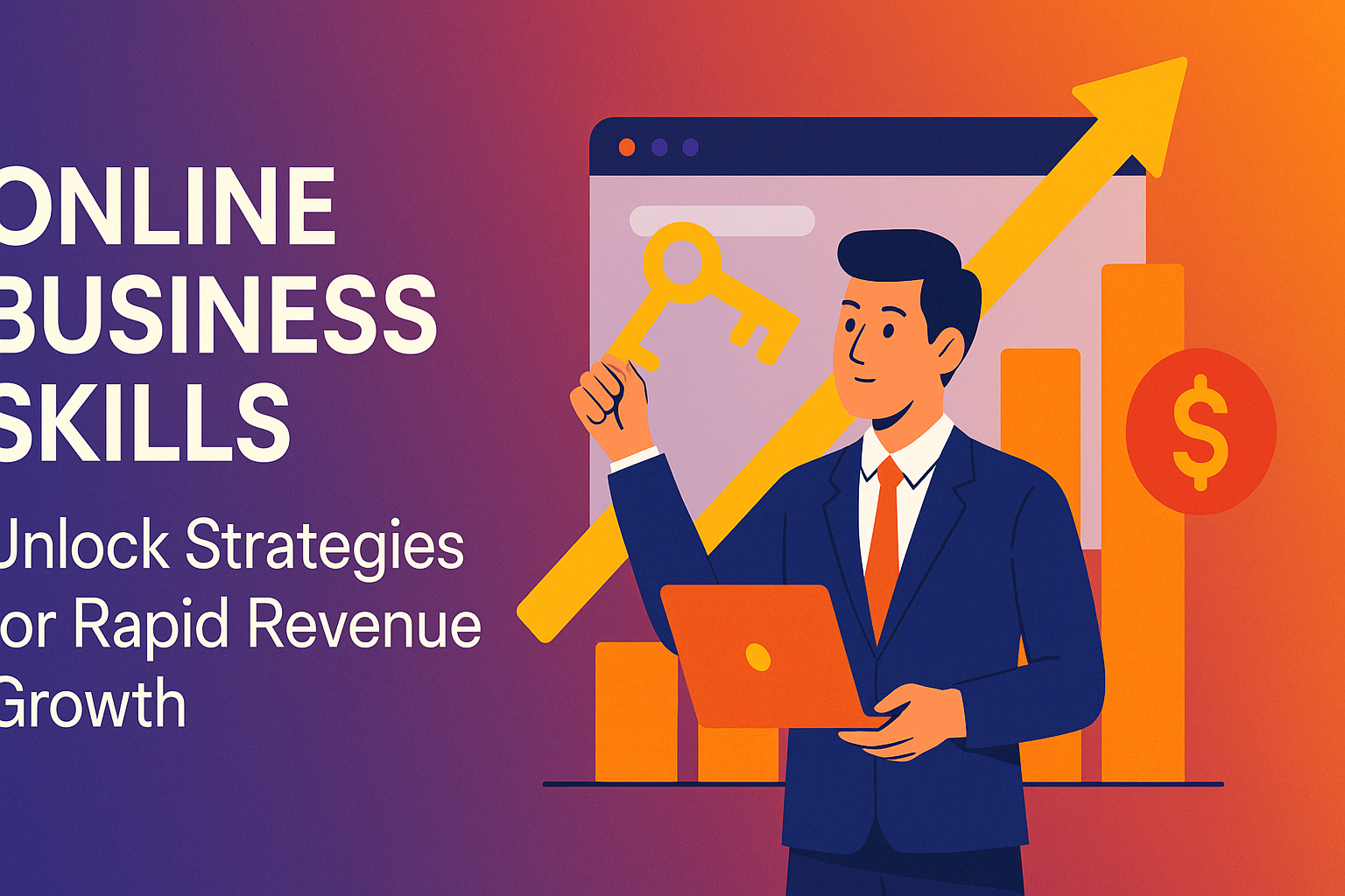 "Illustration of a businessman holding a laptop and a key, symbolizing online business skills and strategies for rapid revenue growth, with bar charts and a dollar sign in the background."