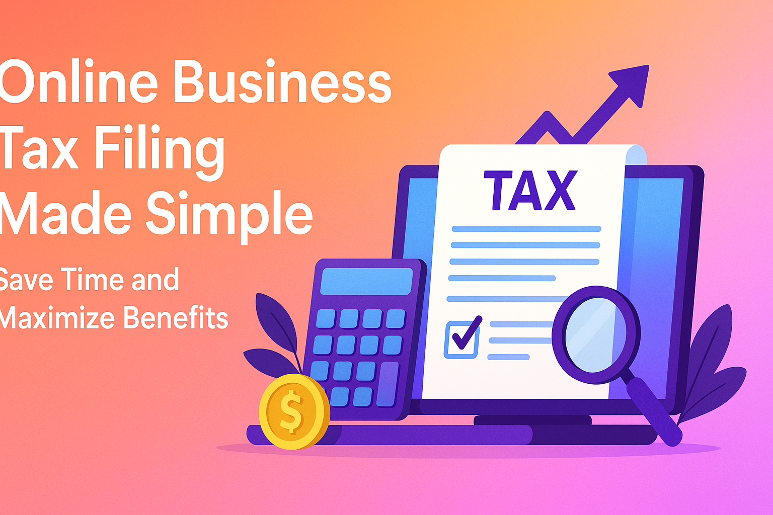 "Colorful illustration promoting online business tax filing, featuring a laptop displaying a tax document, calculator, and dollar symbol. Emphasizes simplicity and time-saving benefits."