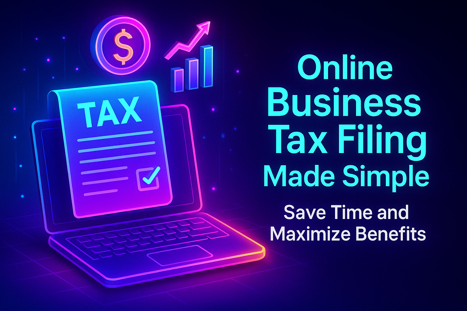 "Colorful graphic illustrating an online business tax filing process, featuring a laptop, tax document, dollar sign, and growth chart. Text emphasizes simplicity and efficiency in saving time and maximizing benefits."