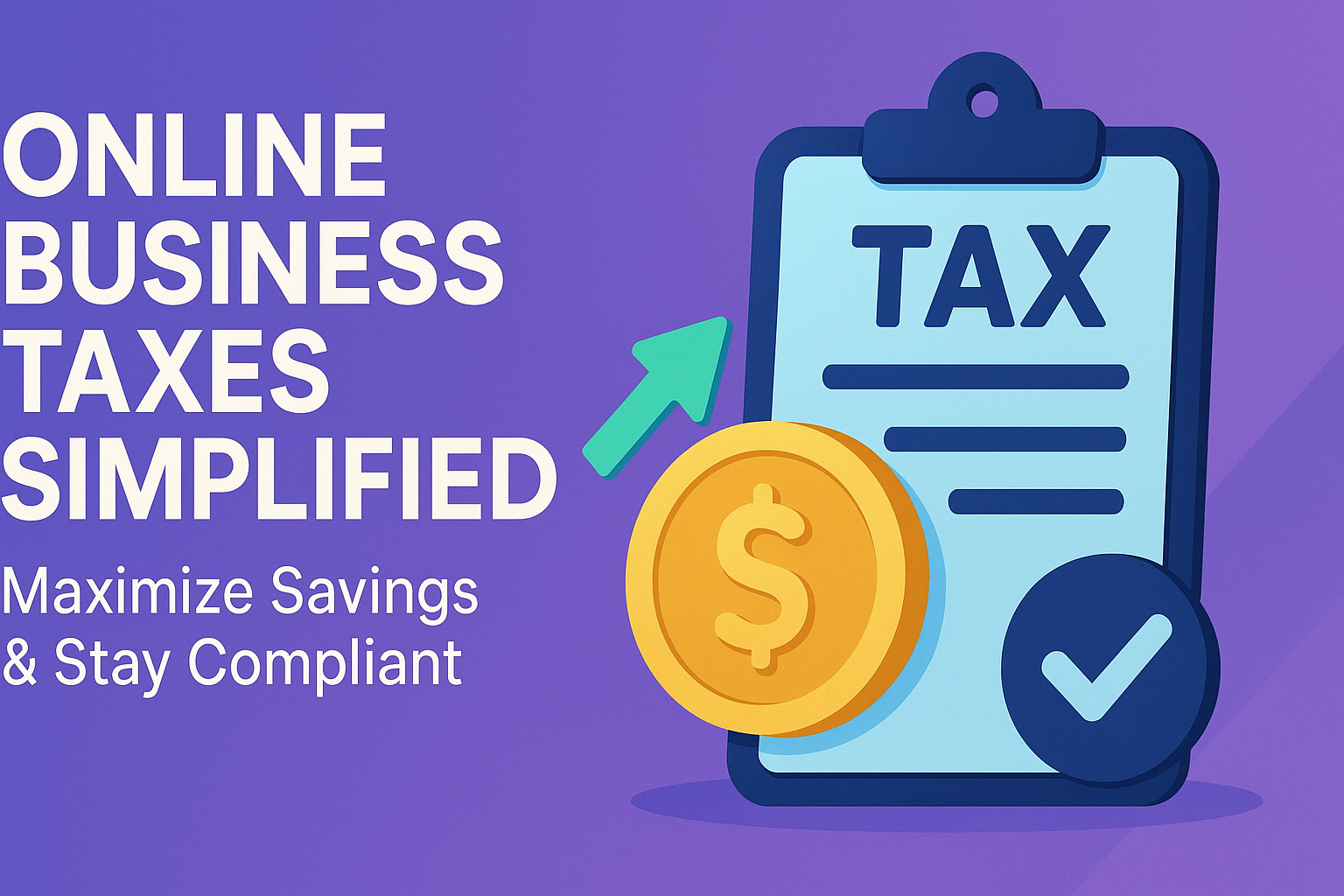 "Graphic illustrating online business taxes simplified, featuring a tax document, a dollar coin, and a checkmark, with the text 'Maximize Savings & Stay Compliant.'"