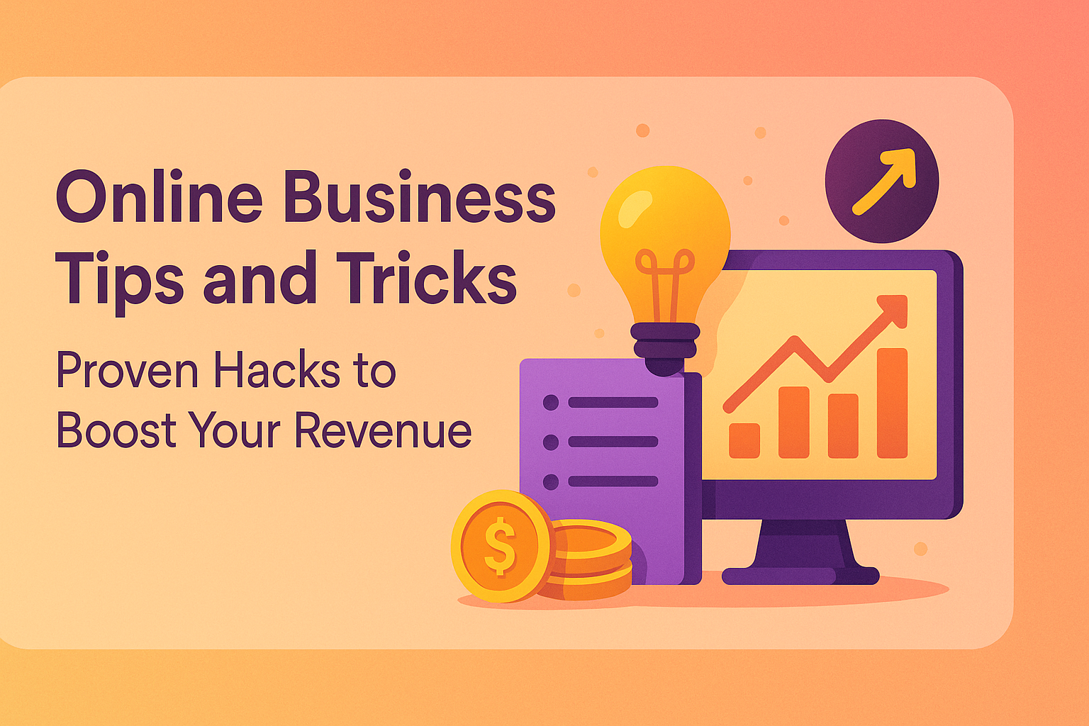 "Graphic featuring the text 'Online Business Tips and Tricks' with icons of a light bulb, computer, and coins, highlighting proven strategies to boost revenue."