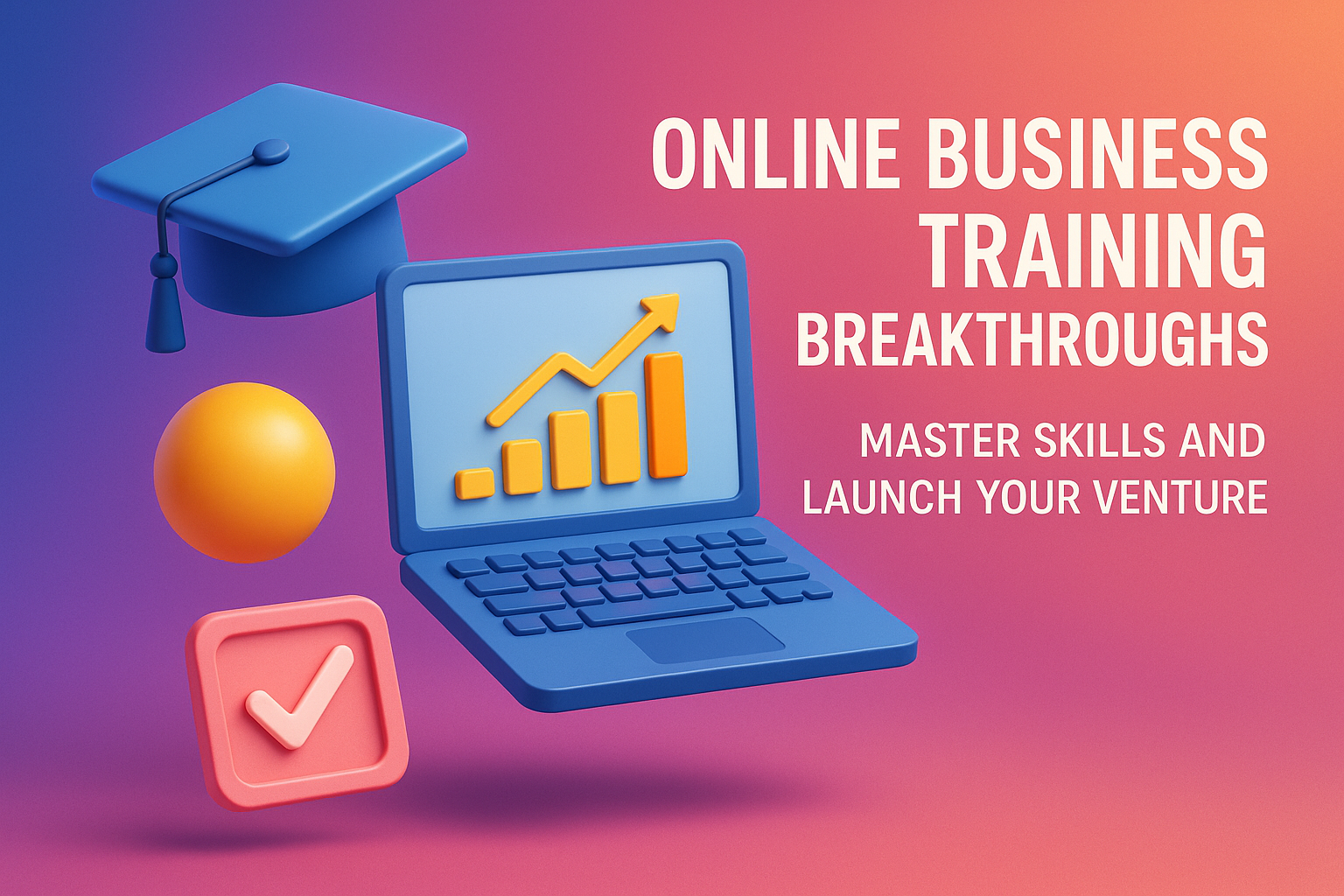 "Colorful digital illustration showcasing online business training featuring a laptop with growth graphics, a graduation cap, and motivational text about mastering skills to launch a venture."