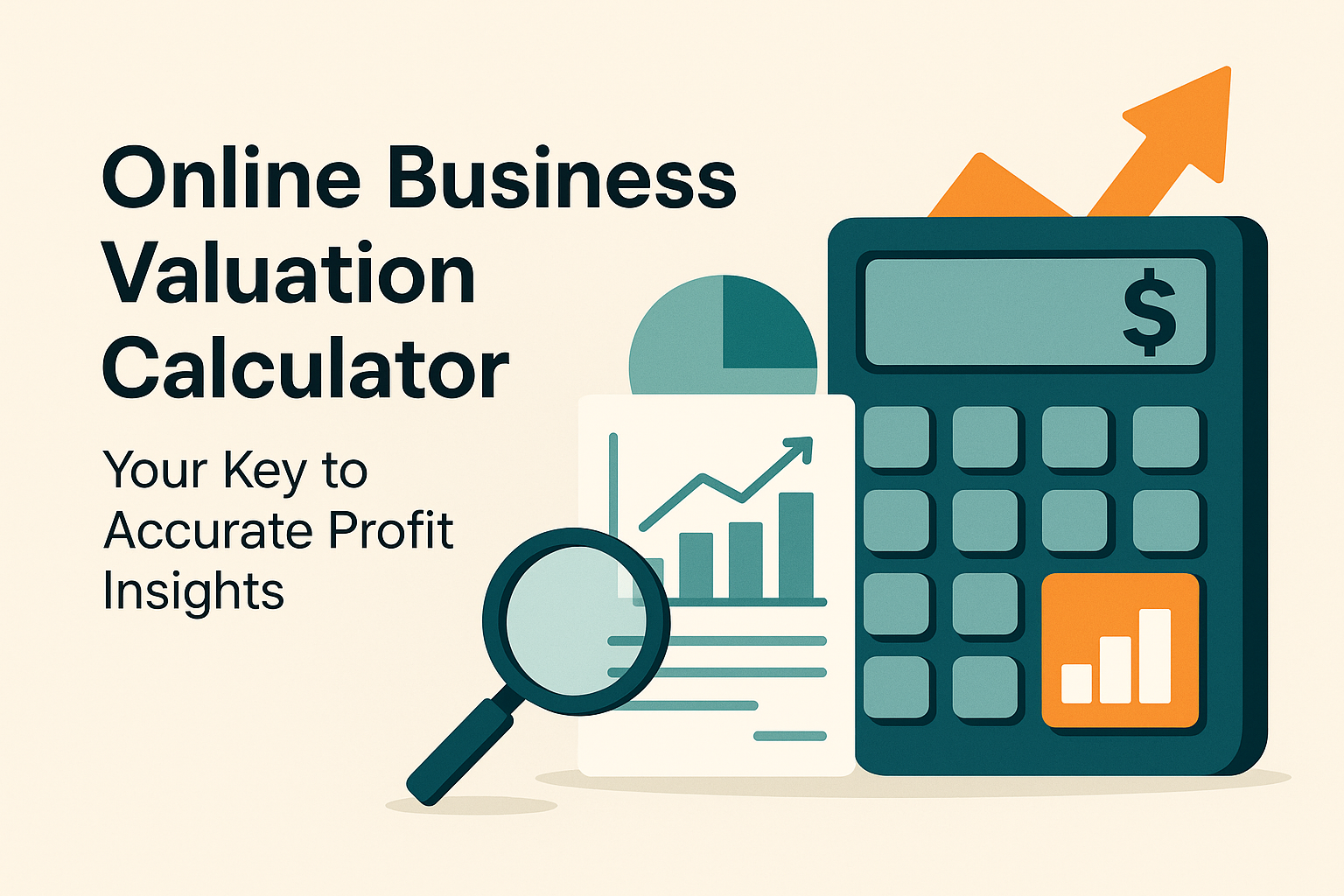 "Online business valuation calculator graphic featuring a calculator, profit charts, and a magnifying glass, highlighting tools for accurate profit insights."