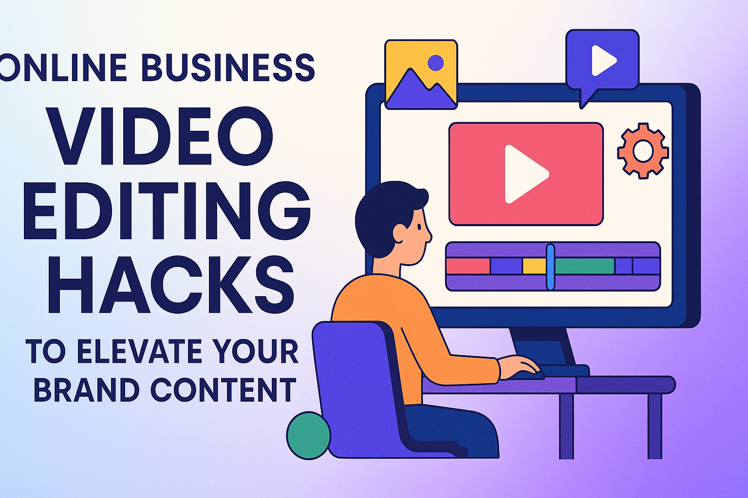 "Illustration of a person using video editing software on a computer, showcasing tips and hacks for online business content creation."