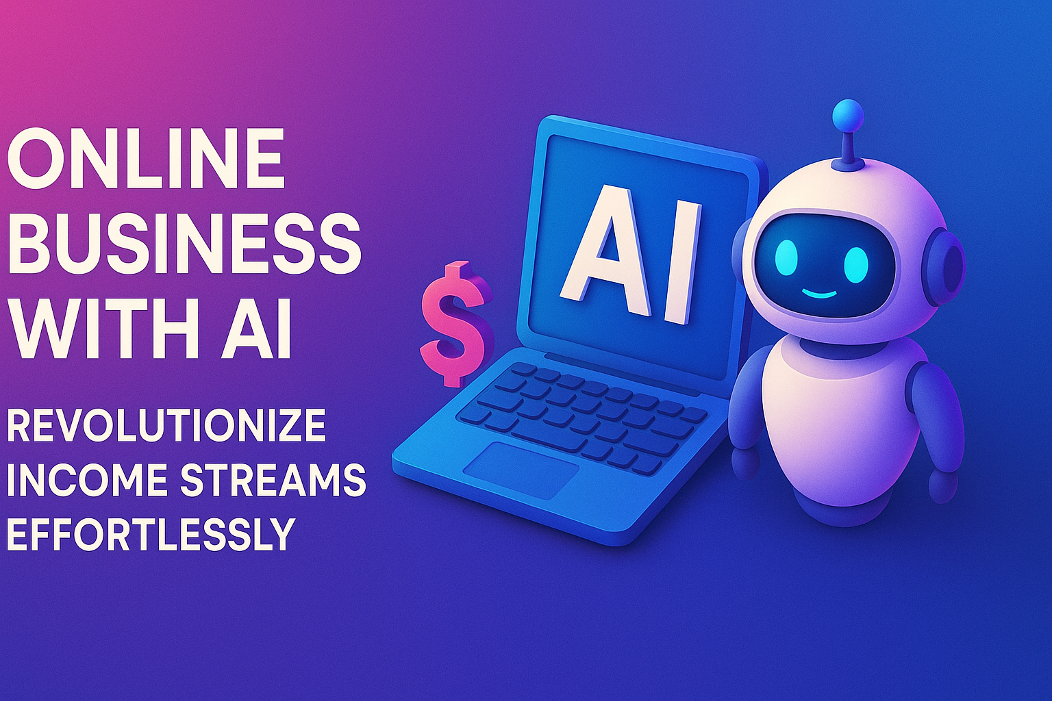 "Colorful graphic promoting online business with AI, featuring a laptop displaying 'AI' and a friendly robot, emphasizing effortless income stream revolution."