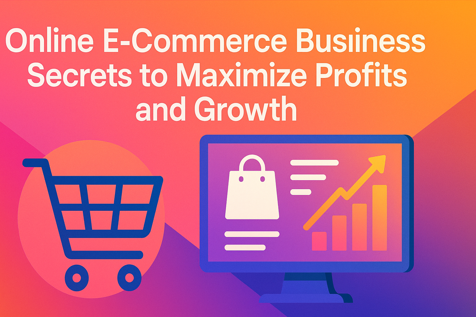 "Colorful graphic featuring a shopping cart and computer screen, highlighting 'Online E-Commerce Business Secrets to Maximize Profits and Growth'."