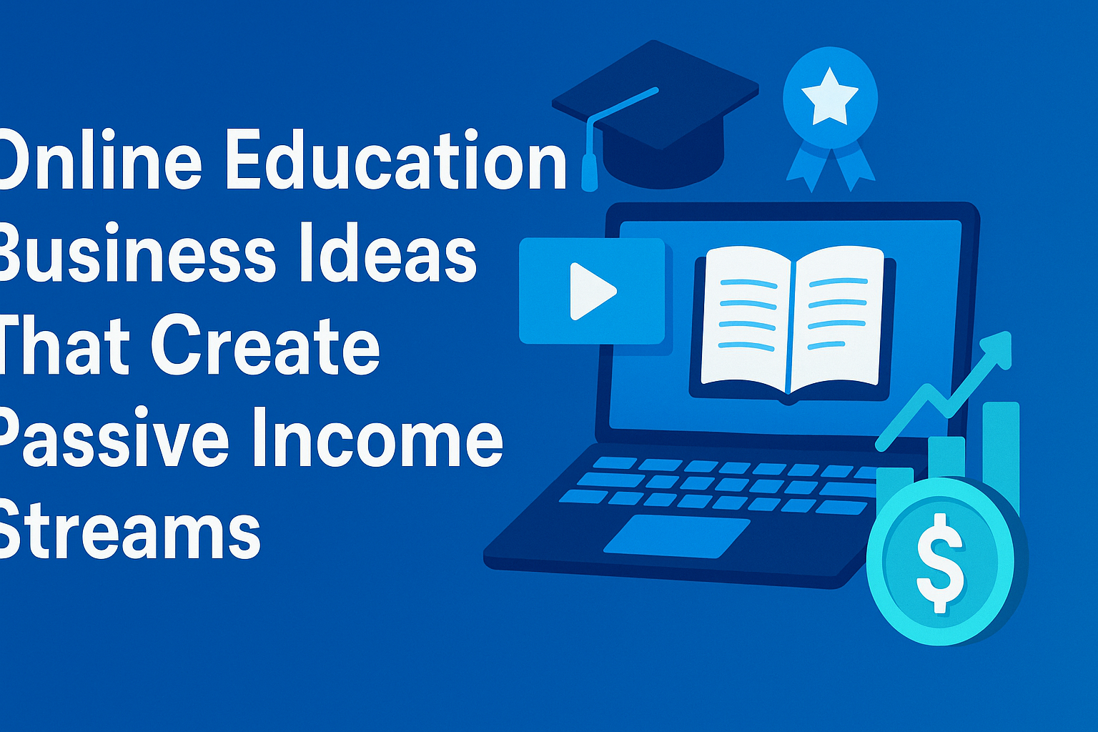"Graphic illustration of online education business ideas for creating passive income streams, featuring a laptop, educational symbols, and financial growth icons."