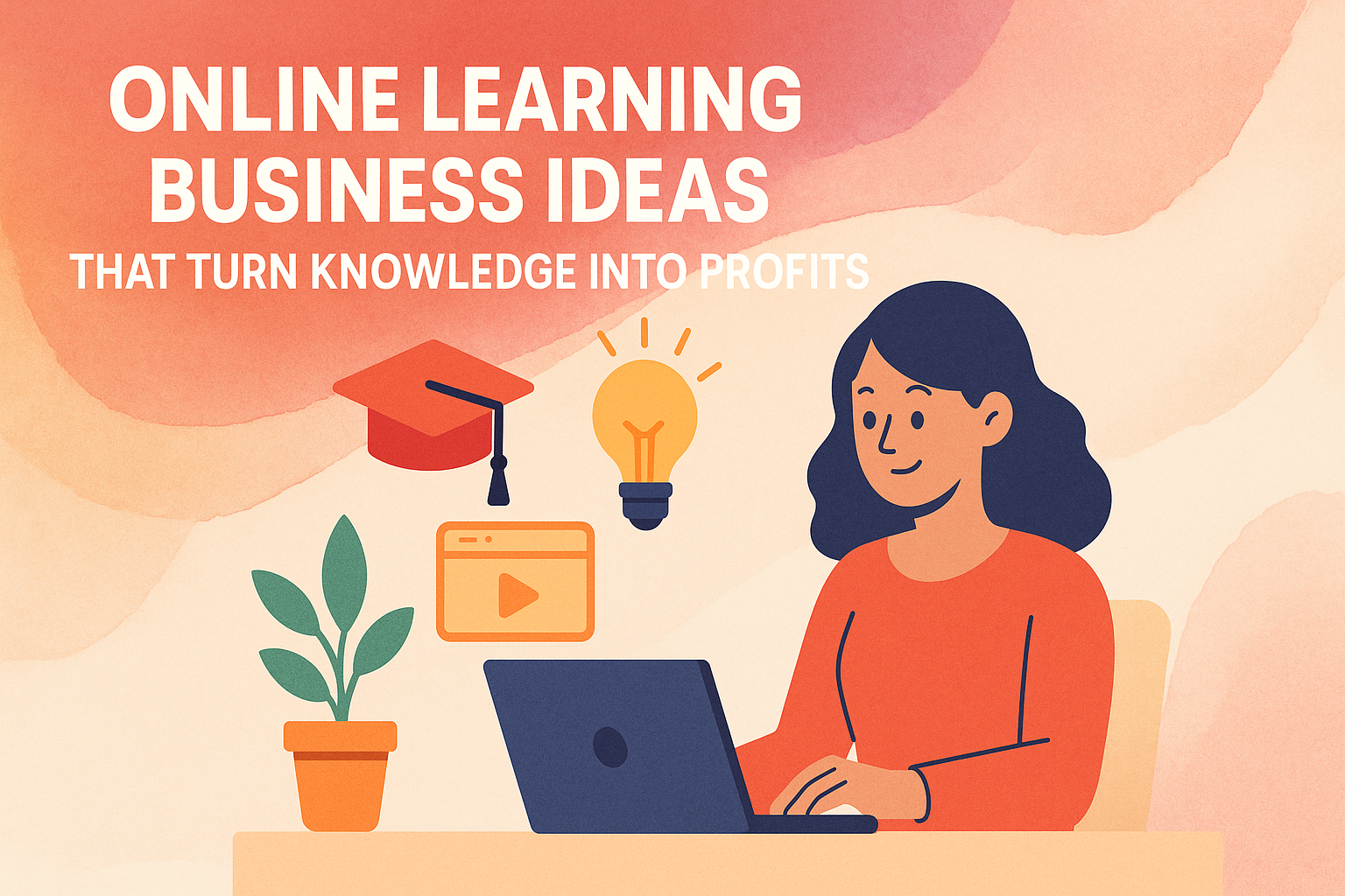 Illustration of a woman working on a laptop with online learning icons, including a graduation cap, light bulb, and video player, highlighting business ideas that convert knowledge into profits.