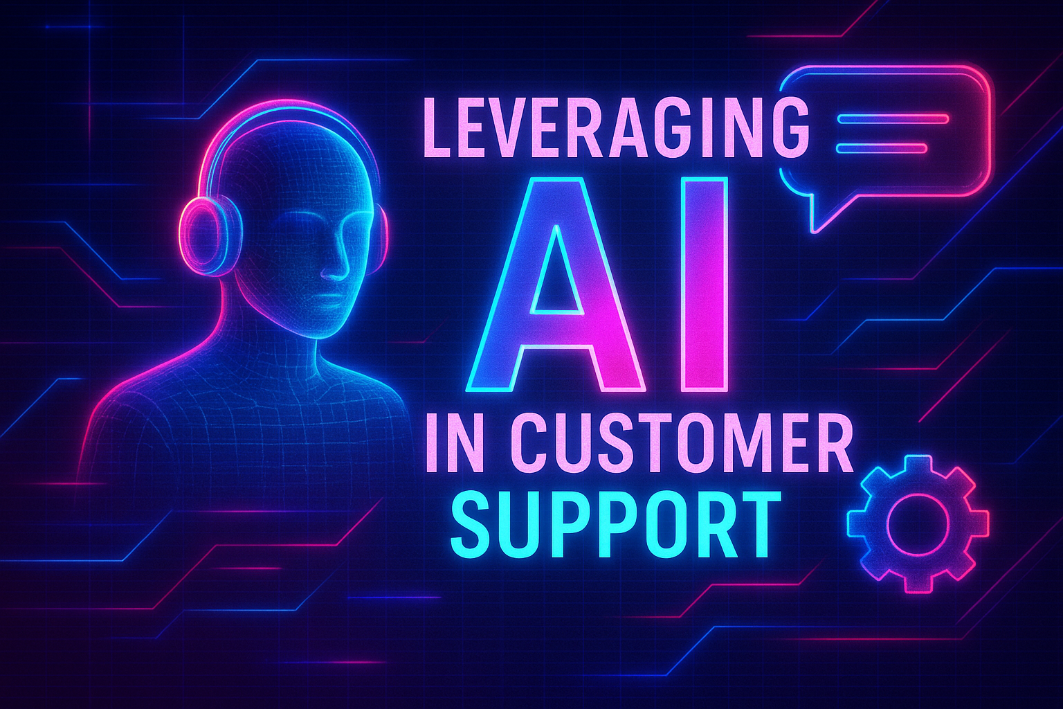"Futuristic graphic illustrating the concept of leveraging AI in customer support, featuring a digital headset-wearing figure and vibrant text against a high-tech background."