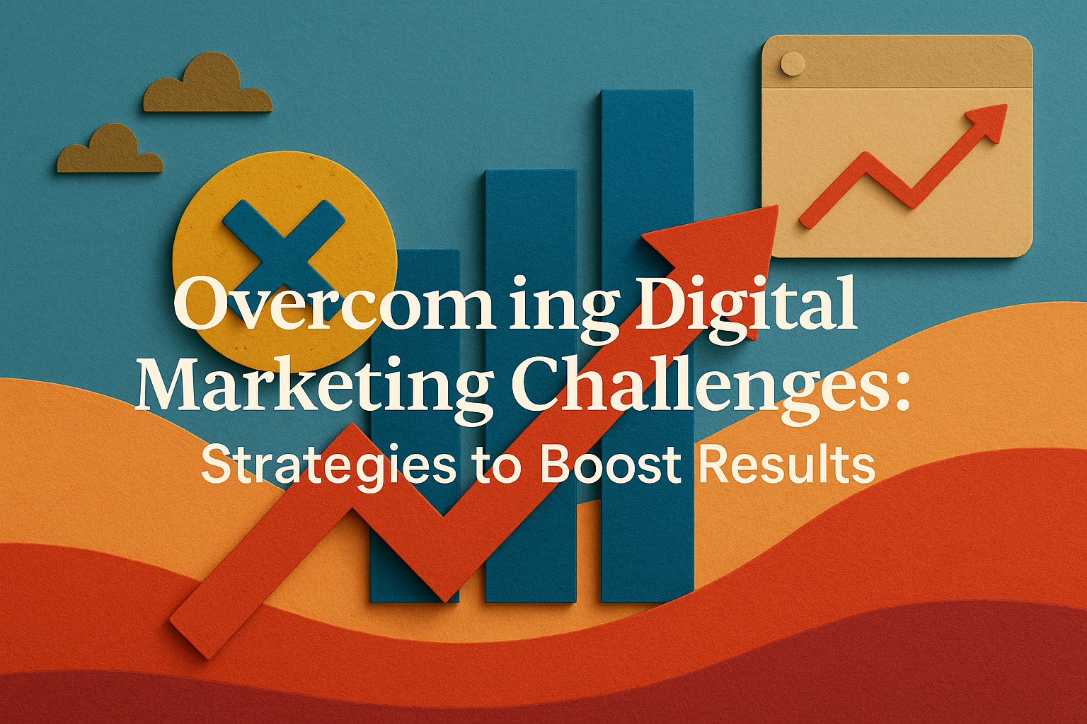 "Colorful graphic illustrating strategies to overcome digital marketing challenges, featuring upward trends and key visual elements for boosting results."