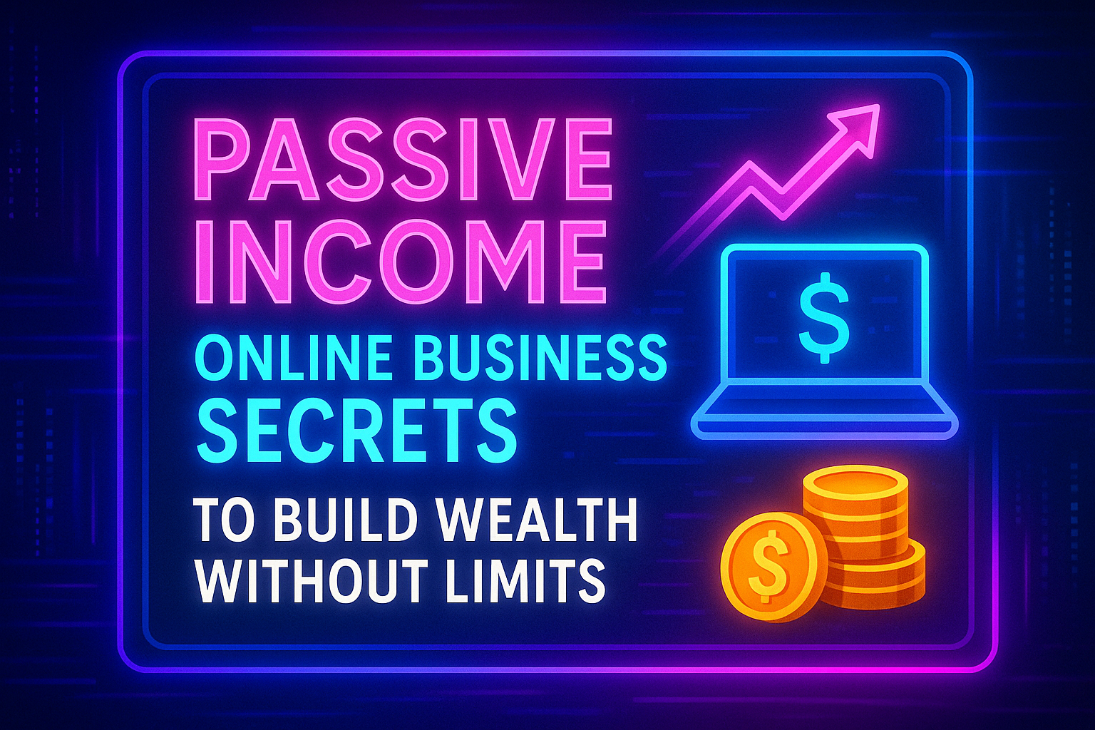 "Graphic featuring neon text on passive income online business secrets, emphasizing building wealth without limits, accompanied by icons of a laptop and coins."