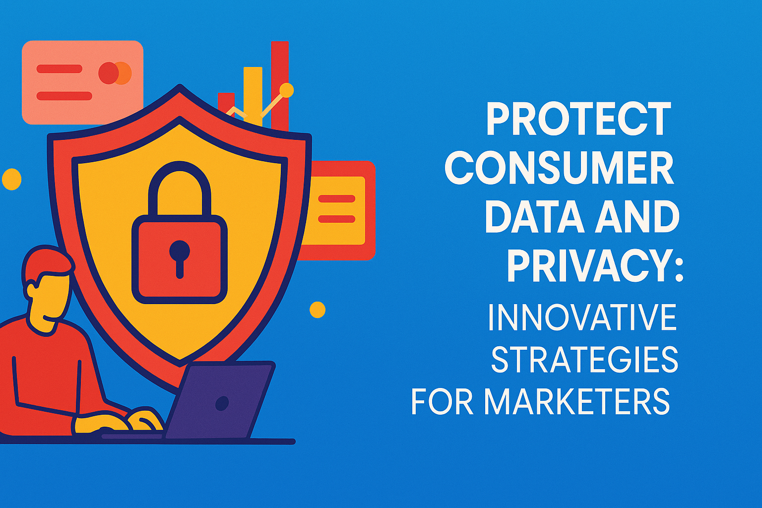 "Illustration of a person working on a laptop with a shield and padlock symbol, emphasizing the importance of protecting consumer data and privacy in marketing strategies."