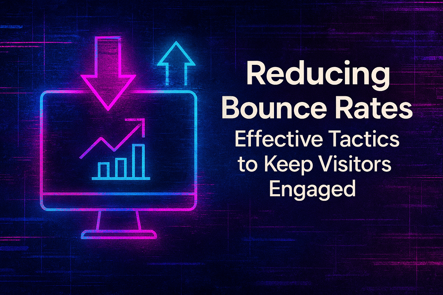 "Graphic illustrating the concept of reducing bounce rates with a computer monitor displaying an upward trend graph, featuring the text 'Reducing Bounce Rates: Effective Tactics to Keep Visitors Engaged.'"