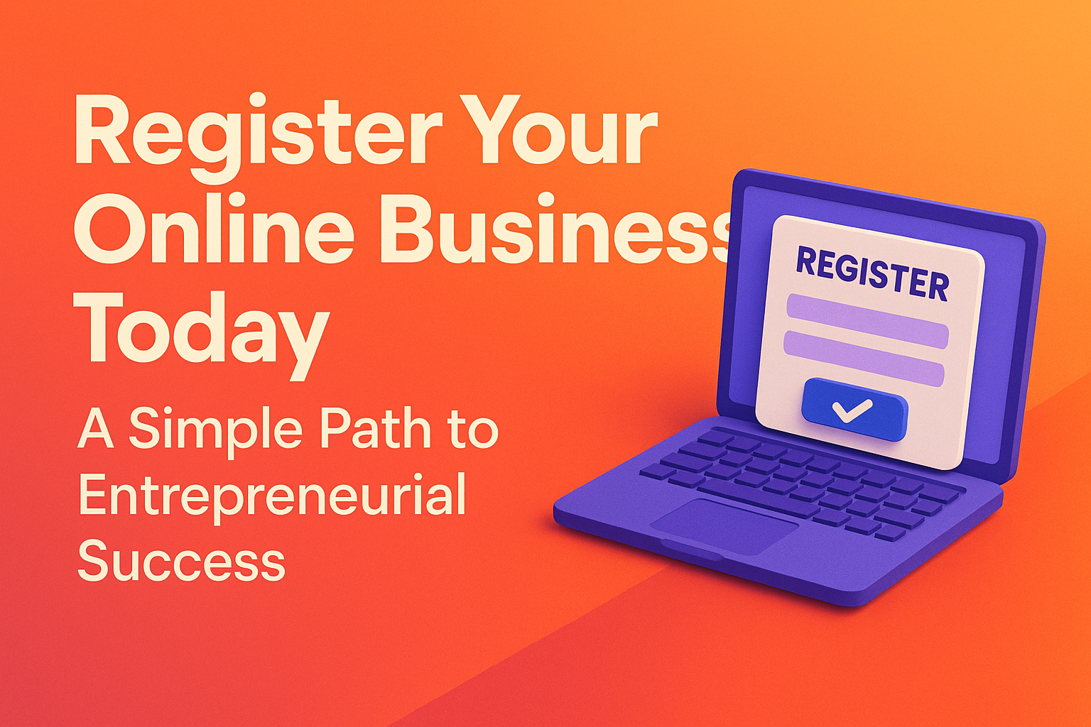 "Colorful graphic featuring a laptop with a 'Register' form, encouraging users to start their online business today for entrepreneurial success."