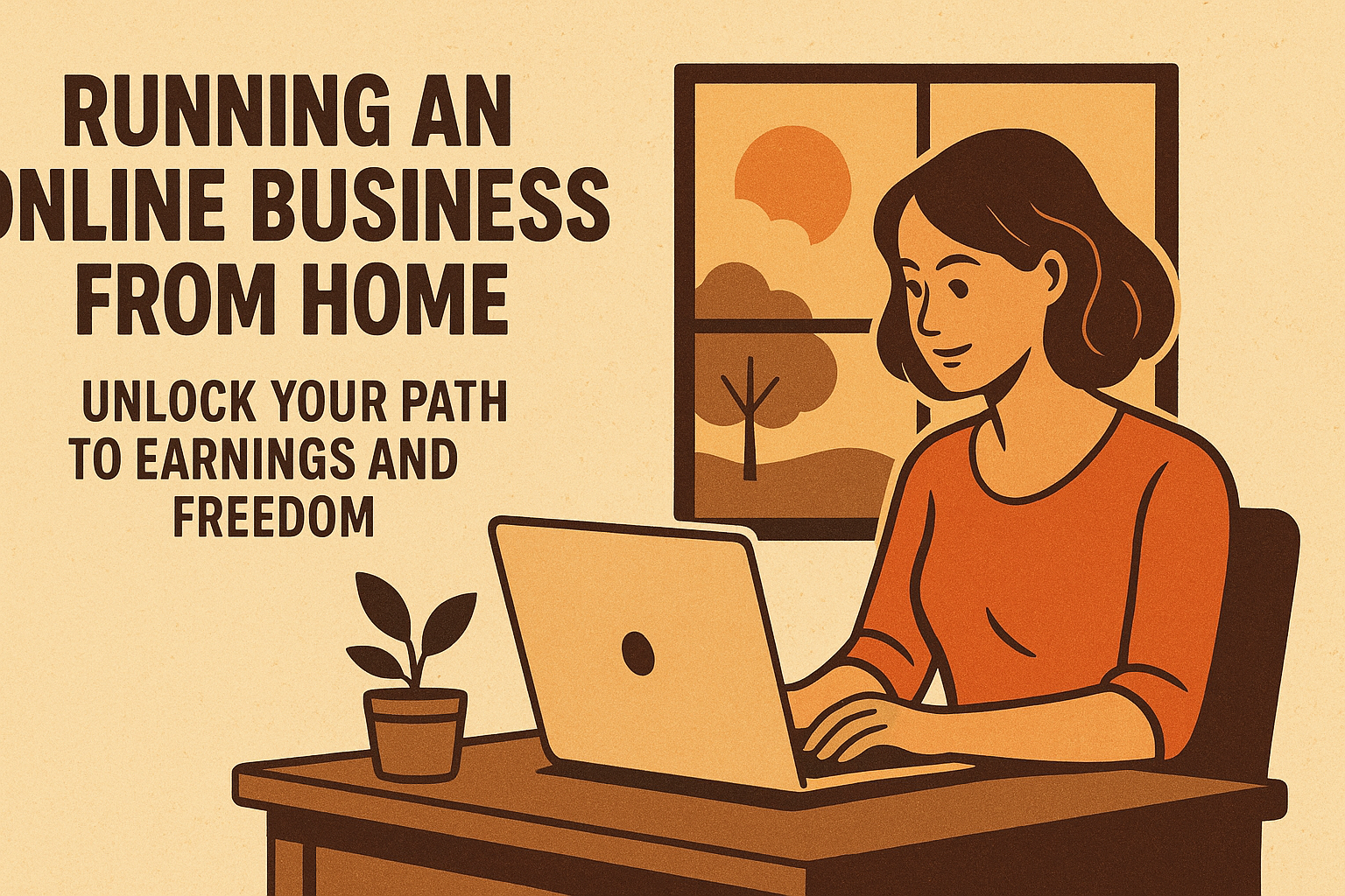 A woman working on a laptop at home, surrounded by a plant and a window with a sunset view, illustrating the concept of running an online business for earnings and freedom.