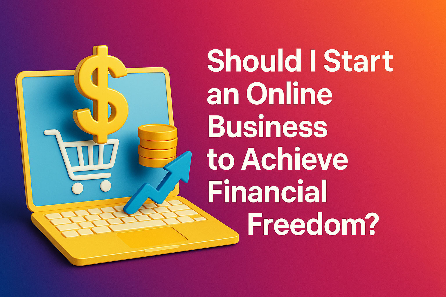 "Colorful 3D illustration of a laptop with a shopping cart, dollar sign, rising graph, and coins, highlighting the question of starting an online business for financial freedom."