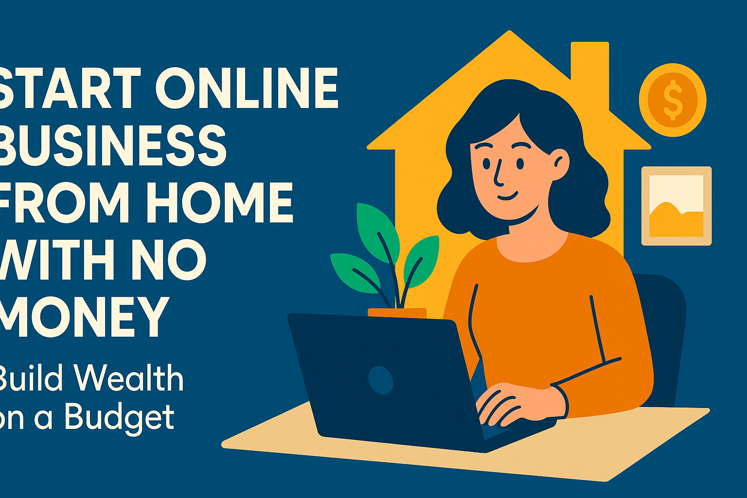 "Illustration of a woman working on a laptop at home, promoting tips to start an online business with no money, featuring a house and money symbols."