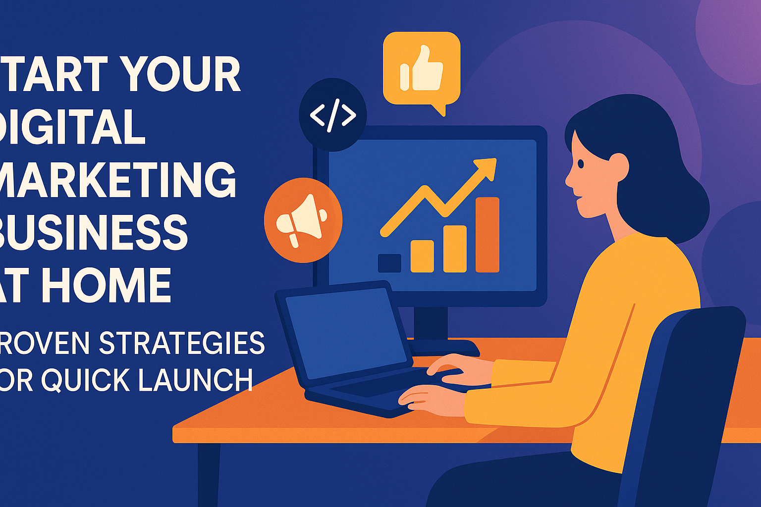 "Illustration of a woman working on a digital marketing business from home, with a laptop and a desktop displaying growth charts and social media icons, emphasizing strategies for quick launch."