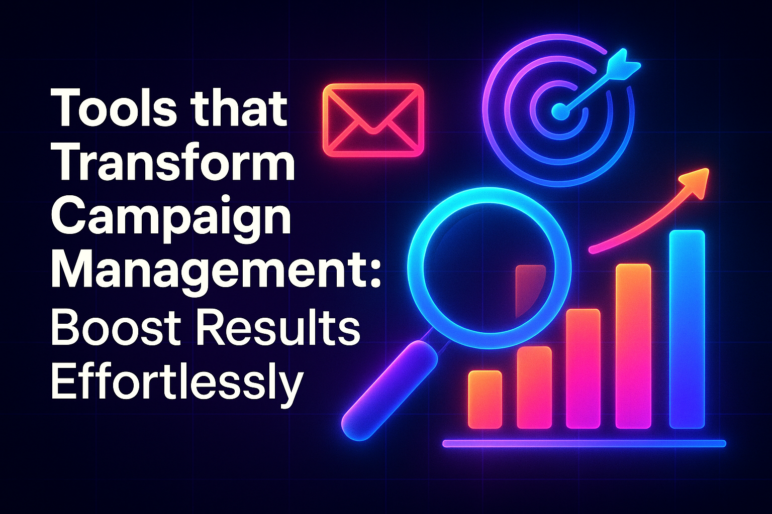 "Colorful neon graphic illustrating tools for transforming campaign management, featuring icons of email, a target, a magnifying glass, and a rising bar graph."