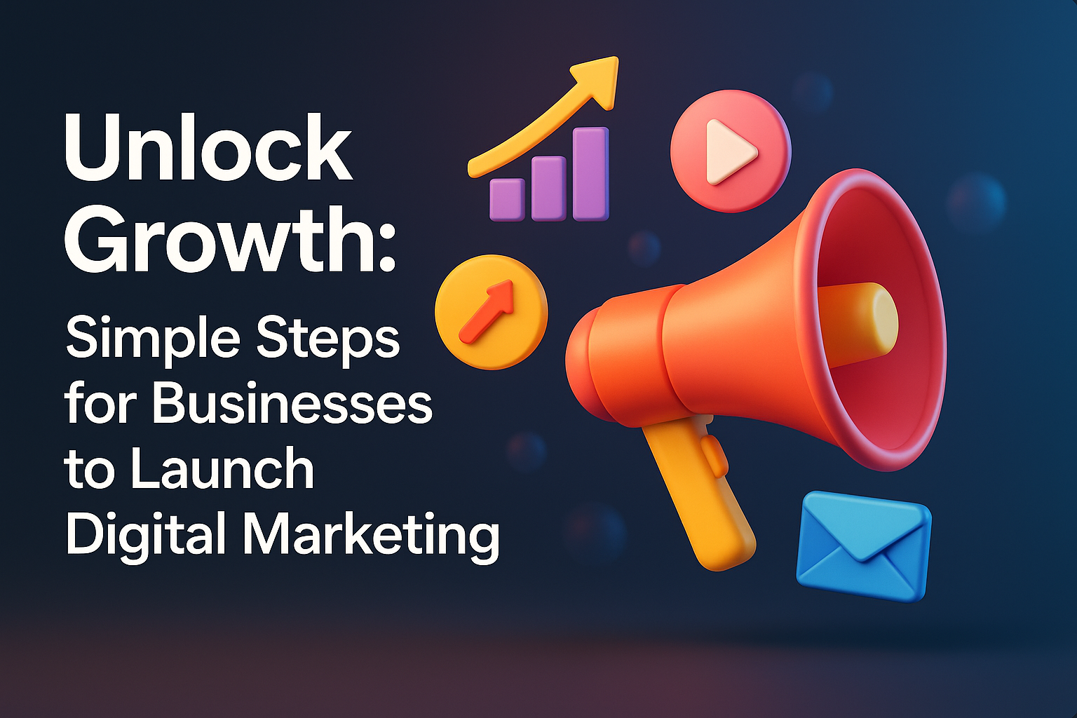 3D illustration featuring a megaphone and digital marketing icons with the text "Unlock Growth: Simple Steps for Businesses to Launch Digital Marketing." Ideal for promoting digital marketing strategies.
