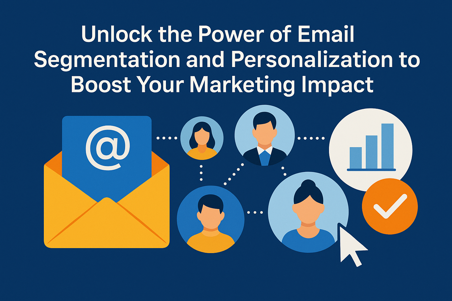 "Graphic illustrating the concept of email segmentation and personalization, featuring an envelope with an '@' symbol, diverse user icons, and a growth chart, emphasizing strategies to enhance marketing effectiveness."