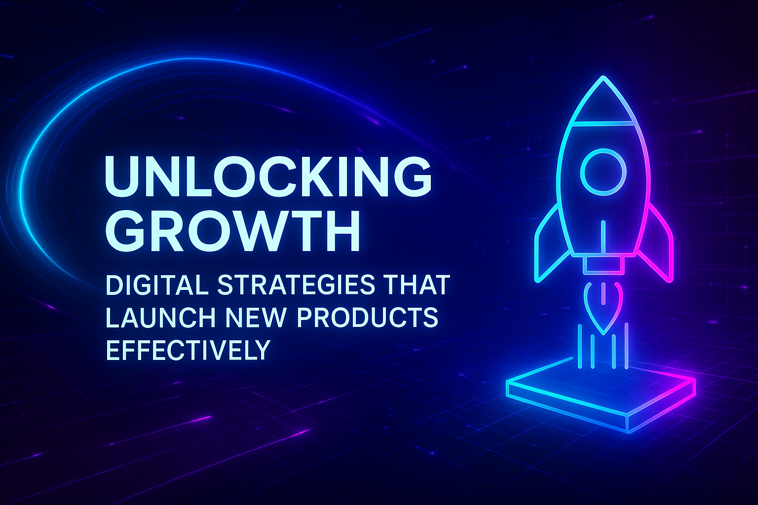 "Colorful digital graphic featuring a stylized rocket symbolizing growth, with the text 'Unlocking Growth: Digital Strategies That Launch New Products Effectively.'"