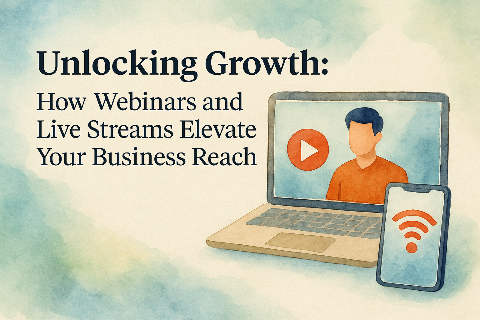 "Illustration of a laptop displaying a webinar with a video play button and a smartphone showing a Wi-Fi symbol, promoting the benefits of webinars and live streams for business growth."