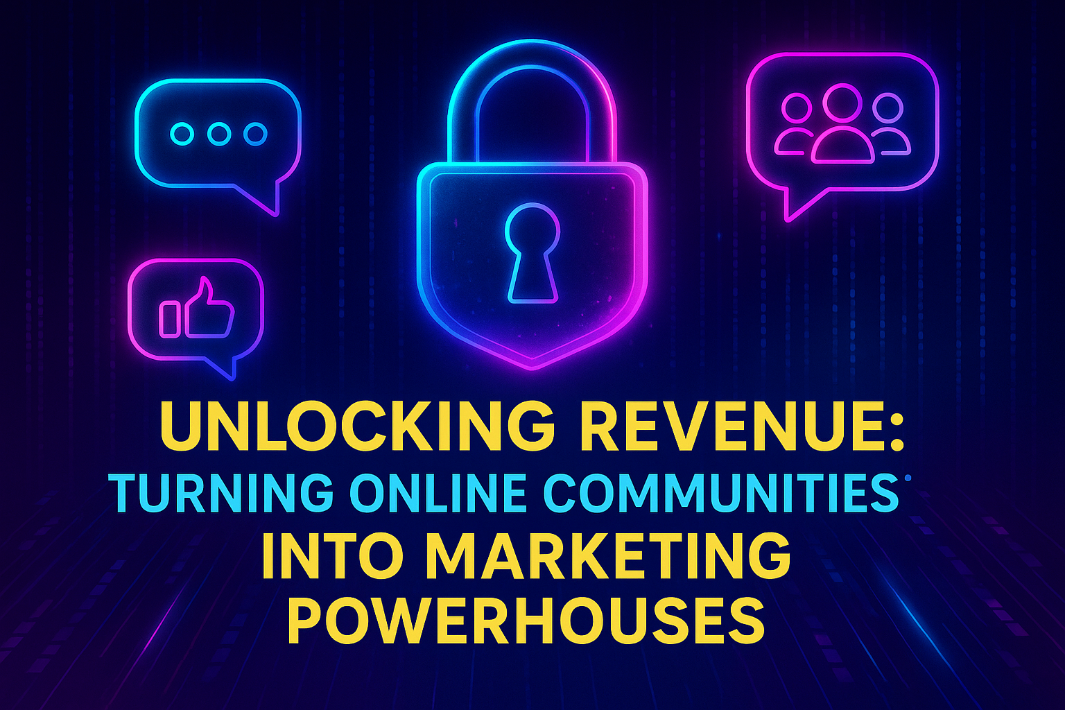 Alt text: "Colorful graphic with a padlock and social media icons, featuring the text 'Unlocking Revenue: Turning Online Communities into Marketing Powerhouses.'"