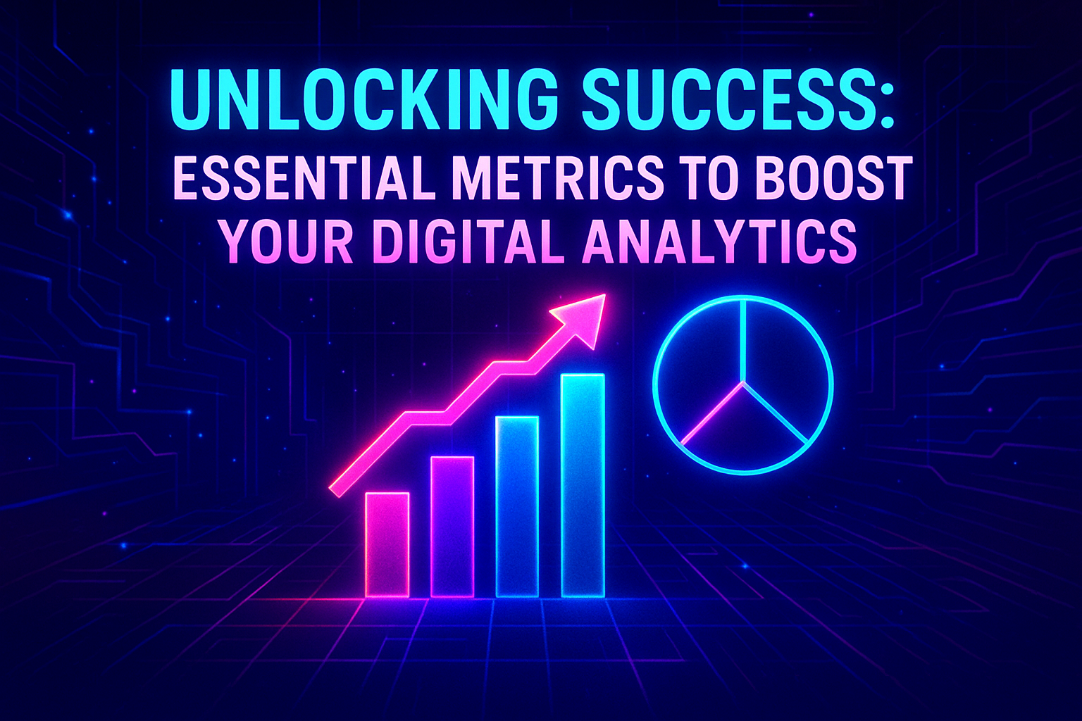 Alt text: "Graphic featuring the title 'Unlocking Success: Essential Metrics to Boost Your Digital Analytics' with a vibrant background, an upward trend chart, and a pie chart icon, emphasizing digital marketing metrics."