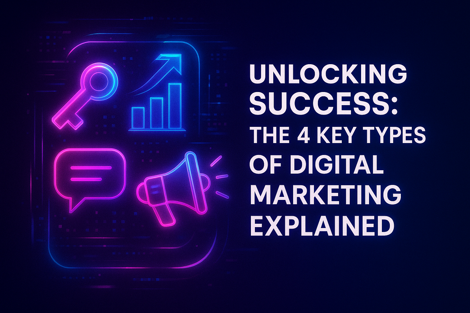 "Graphic illustrating 'Unlocking Success: The 4 Key Types of Digital Marketing Explained,' featuring icons of a key, growth chart, chat bubble, and megaphone against a dark background."