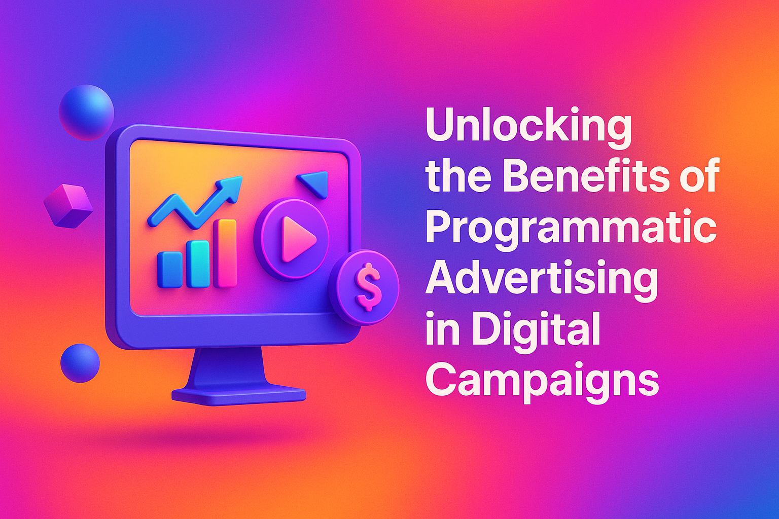 "Colorful 3D illustration showing a computer monitor with graphs and play buttons, highlighting the concept of programmatic advertising in digital campaigns."
