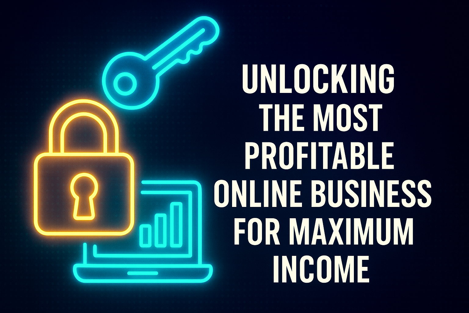 "Neon illustration of a locked padlock, a key, and a laptop with graphs, symbolizing unlocking the secrets to the most profitable online business for maximum income."